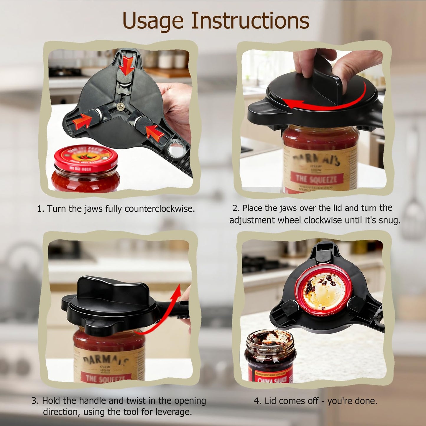 Ruydiwale 4-in-1 Jar Opener, Adjustable Jar Opener for Seniors, Kitchen Tool Designed Specifically for Seniors and Those with Limited Physical Strength, Suitable For Beer, Salad Dressing, Jar (Black)
