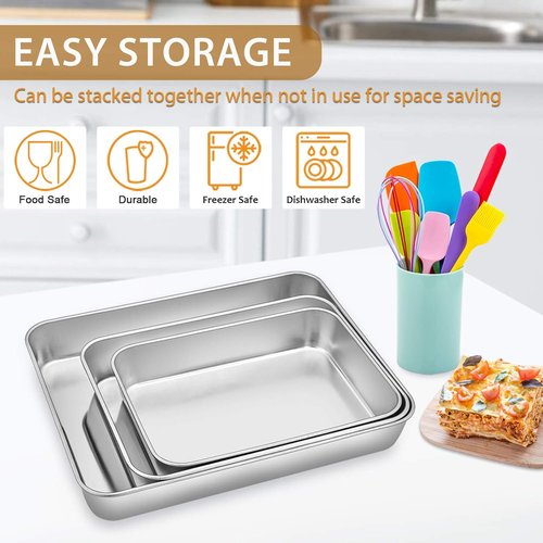 E-far Baking Pans Set - 3-Piece Stainless Steel Bakeware with Rack | Non-Toxic, Dishwasher Safe, 12.5/10.5/9.4 Inch