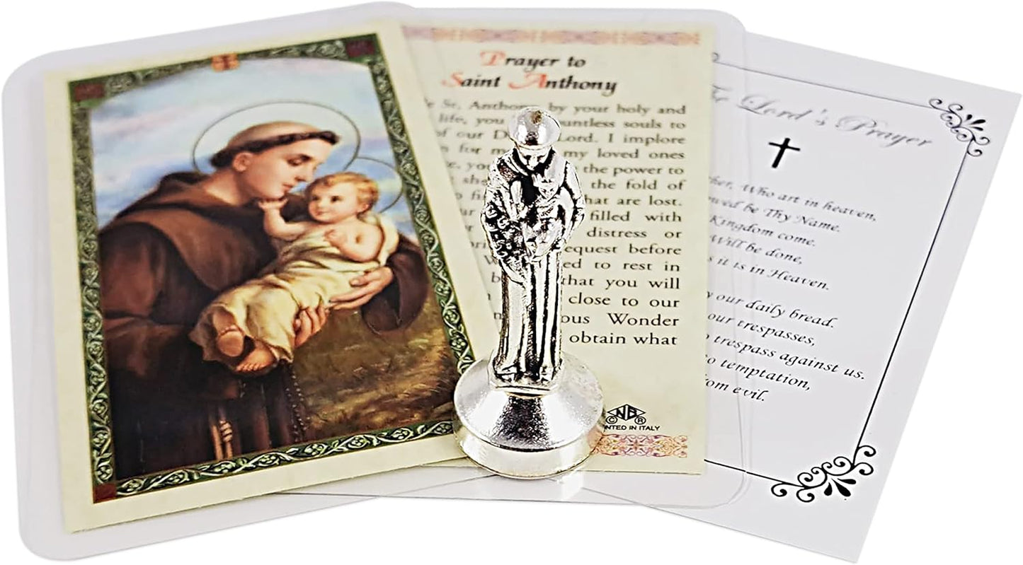 Saint Anthony Mini Statue - 2 Inch Metal Figurine with Laminated Prayer Card & Magnetic Base | Perfect for Car Dash