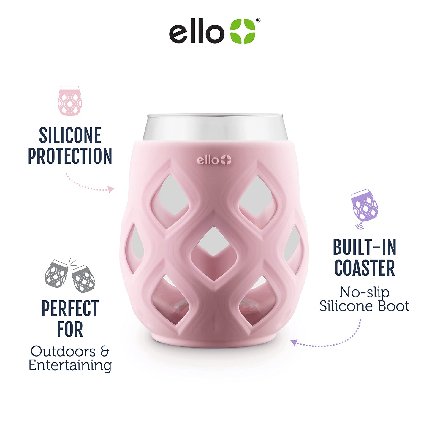 Ello Cru 17oz Stemless Wine Glass Set with Protective Silicone Sleeves, 4 Pack Cocktail Glass Perfect for Summer Patios and Parties Holiday Gifting Her Him Mother's Day, Dishwasher Safe, Cashmere Pink