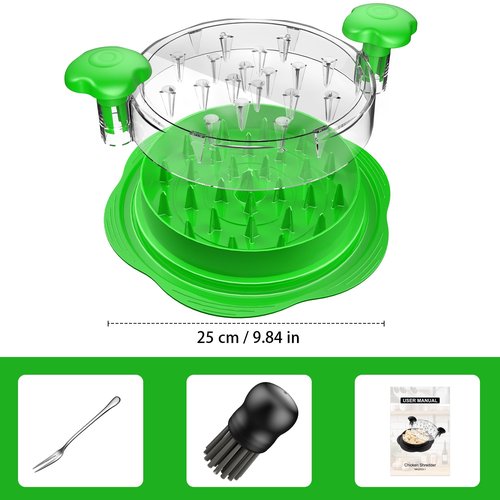 Chicken Shredder Large Chicken Breast Shredder Tool Twist with Brush&Fork, Visible Meat Shredder Machine, Strong Anti-Slip Strip, Ergonomic Handle, BPA Free, Suitable for Pork Beef Chicken(Green)