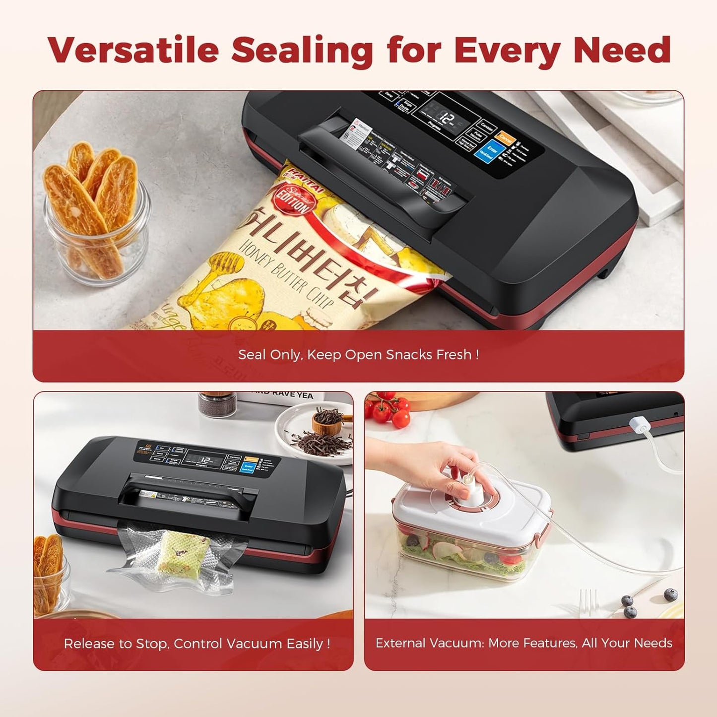 Vacuum Sealer Machine - 95KPa Automatic Food Sealer with Dual 12mm Heat Seal | 10-in-1 Modes & Built-in Cutter