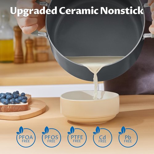BEZIA Nonstick Stock Pot - 8 Quart Ceramic Soup Pot with Lid, Induction Ready, Stay-Cool Handles, Easy Cleanup