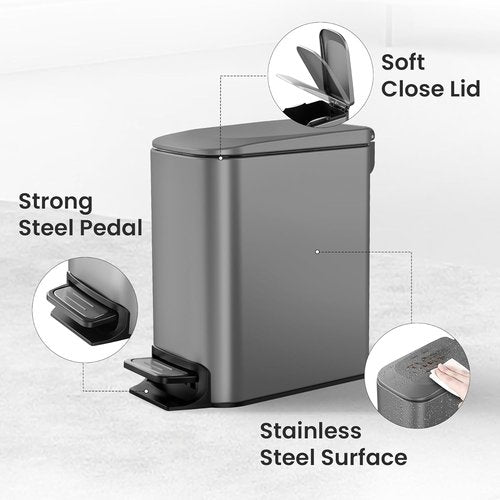 Cesun Stainless Steel Trash Can - 6 Liter Soft Close Lid & Step Pedal | Anti-Fingerprint Finish (Gray)