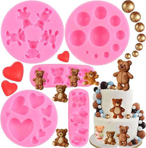 Bear Silicone Fondant Mold - Set of 5 Bear Chocolate Candy Molds for Cake Decoration & Cupcake Toppers