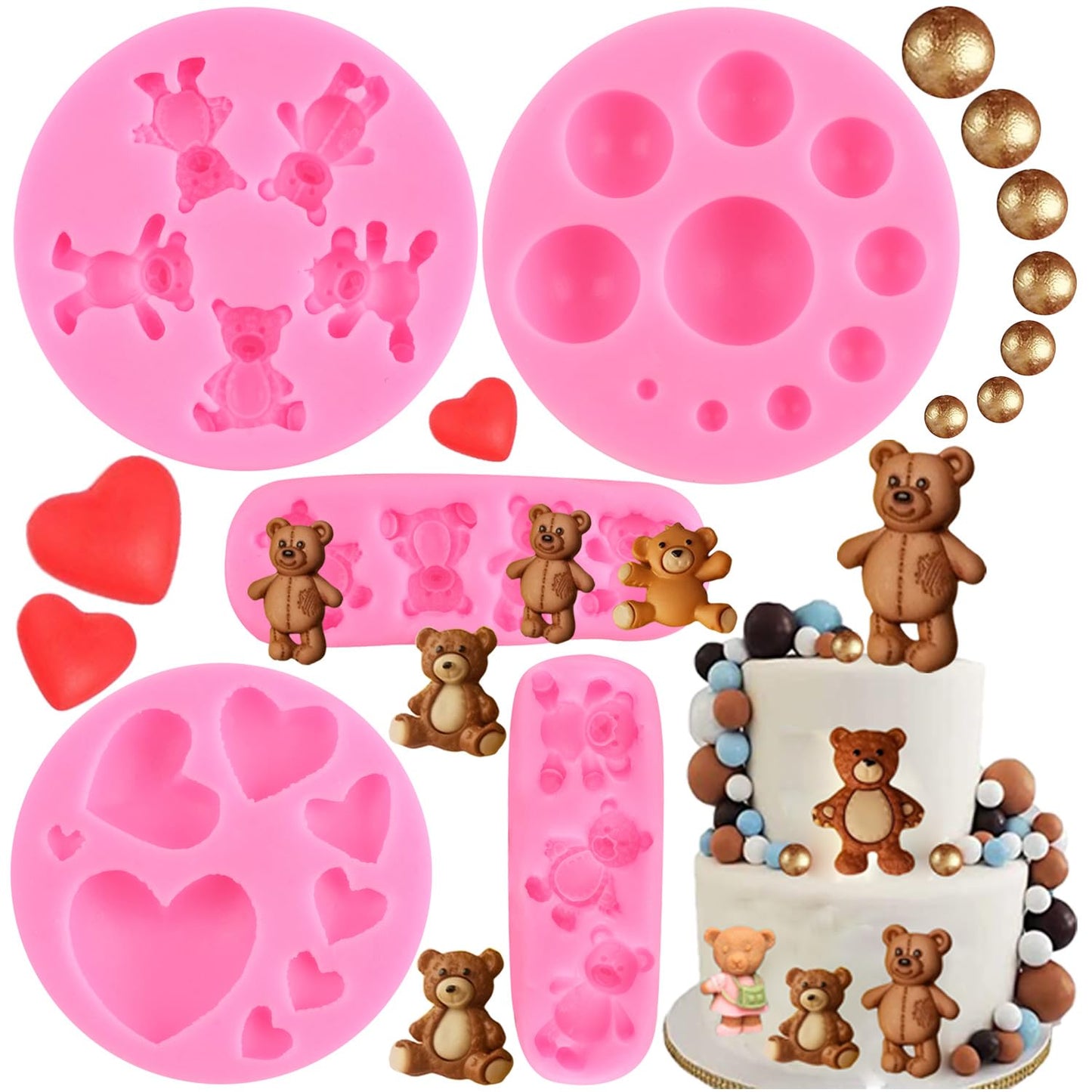 LKDQUTHM Bear Silicone Fondant Mold Bear Chocolate Candy Molds for Cupcake Topper Cake Decoration Gum Paste Polymer Clay Set Of 5