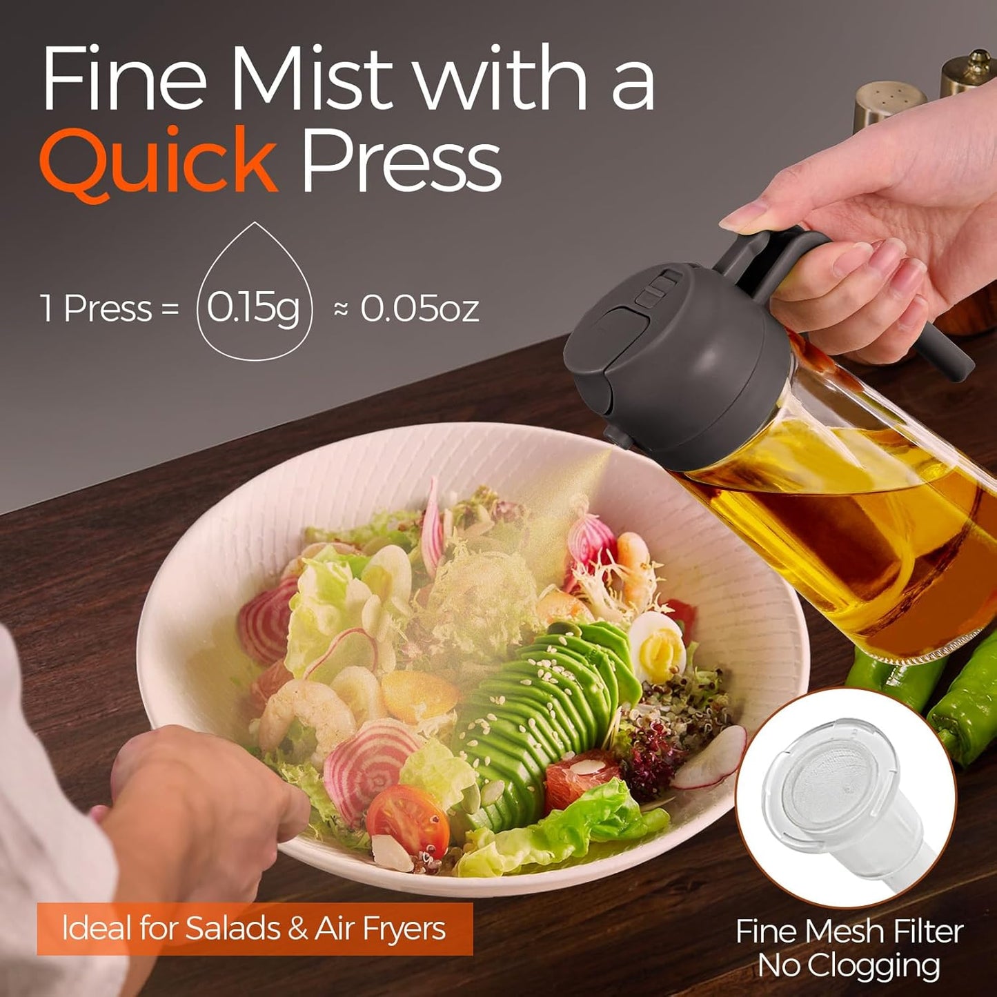 YARRAMATE 16oz Oil Sprayer - Food-Grade 2-in-1 Olive Oil Dispenser for Cooking & BBQ (Gray)
