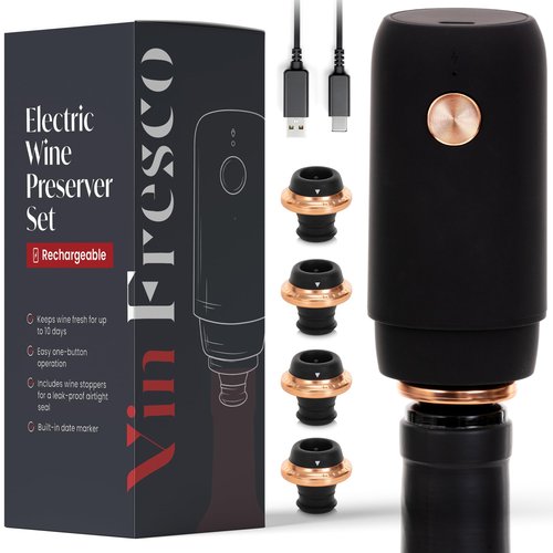 Electric Wine Preserver - Rechargeable Vacuum Saver With Airtight Seal - Automatic Air Remover Pump for 10 Days of Flavor & Freshness - Preservation System (Black & Rose Gold)