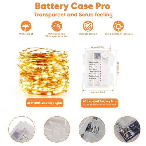 Ariceleo 1 Pack 65.6 Ft. Battery Operated Outdoor String Lights with Remote & Timer, LED Warm White Fairy Lights, Waterproof Twinkle Lights for Bedroom, Dorm, Mason Jar, Wedding, Party, Christmas