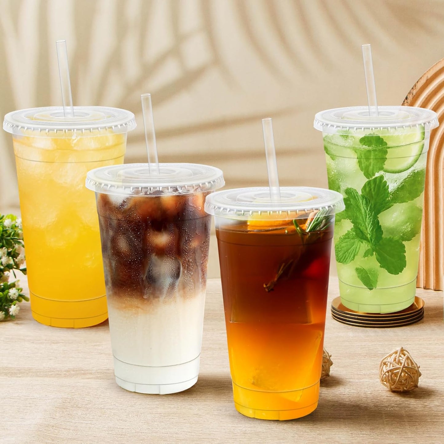 Lamosi 100 Pack 20 oz Clear Plastic Cups - Disposable Iced Coffee Cups with Lids & Straws for Cold Drinks