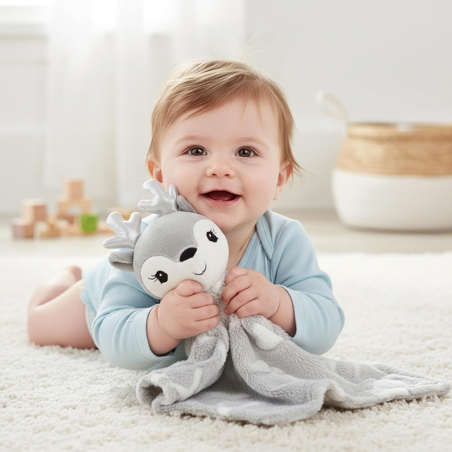 June Garden Cozy Dream Fleece Baby Security Blanket - Soft Plush Stuffed Deer Lovey | 15 x 15 Inches - Grey