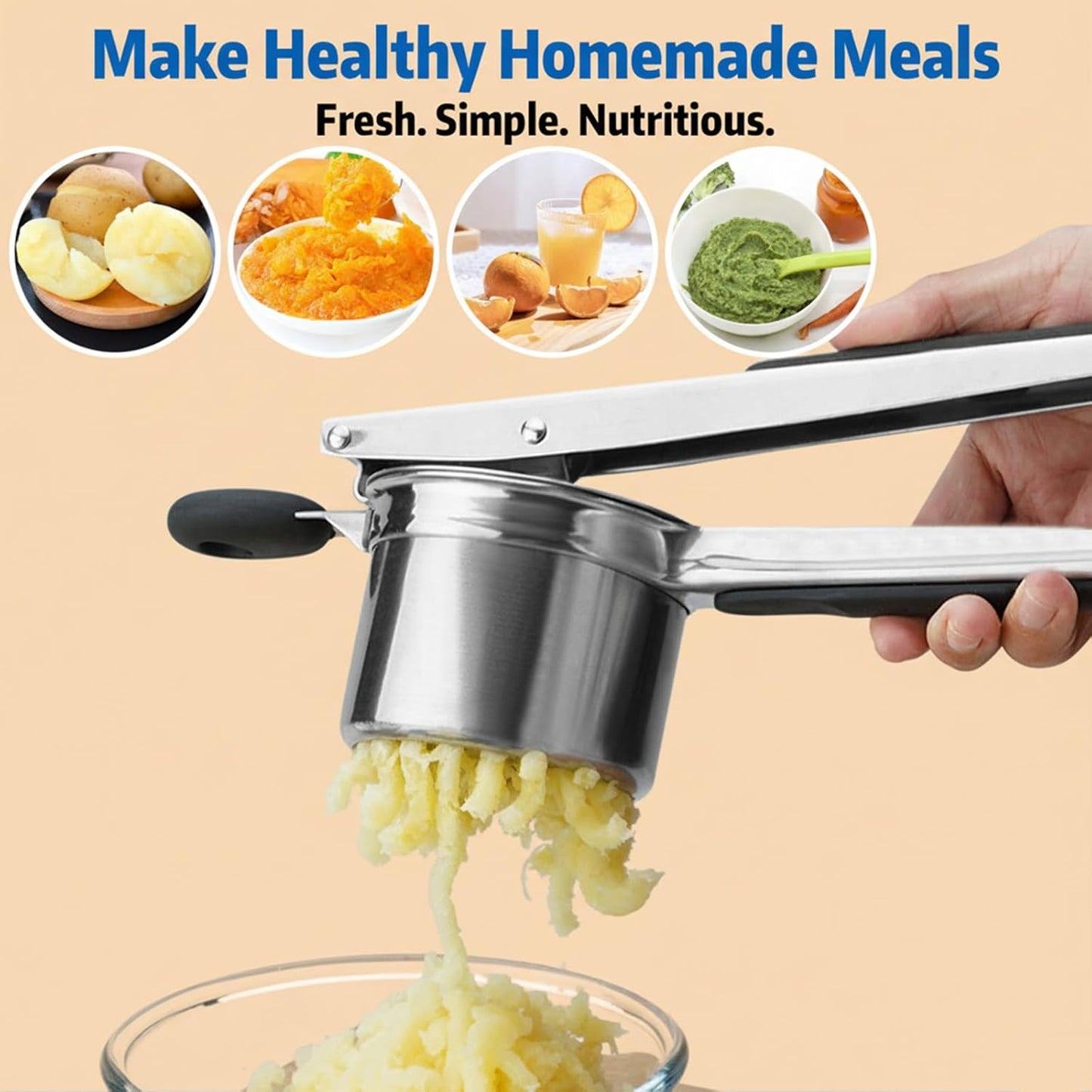 Skiennix 15 oz Stainless Steel Potato Ricer - 3 Interchangeable Plates, Dishwasher Safe for Perfect Mashed Potatoes & Baby Food