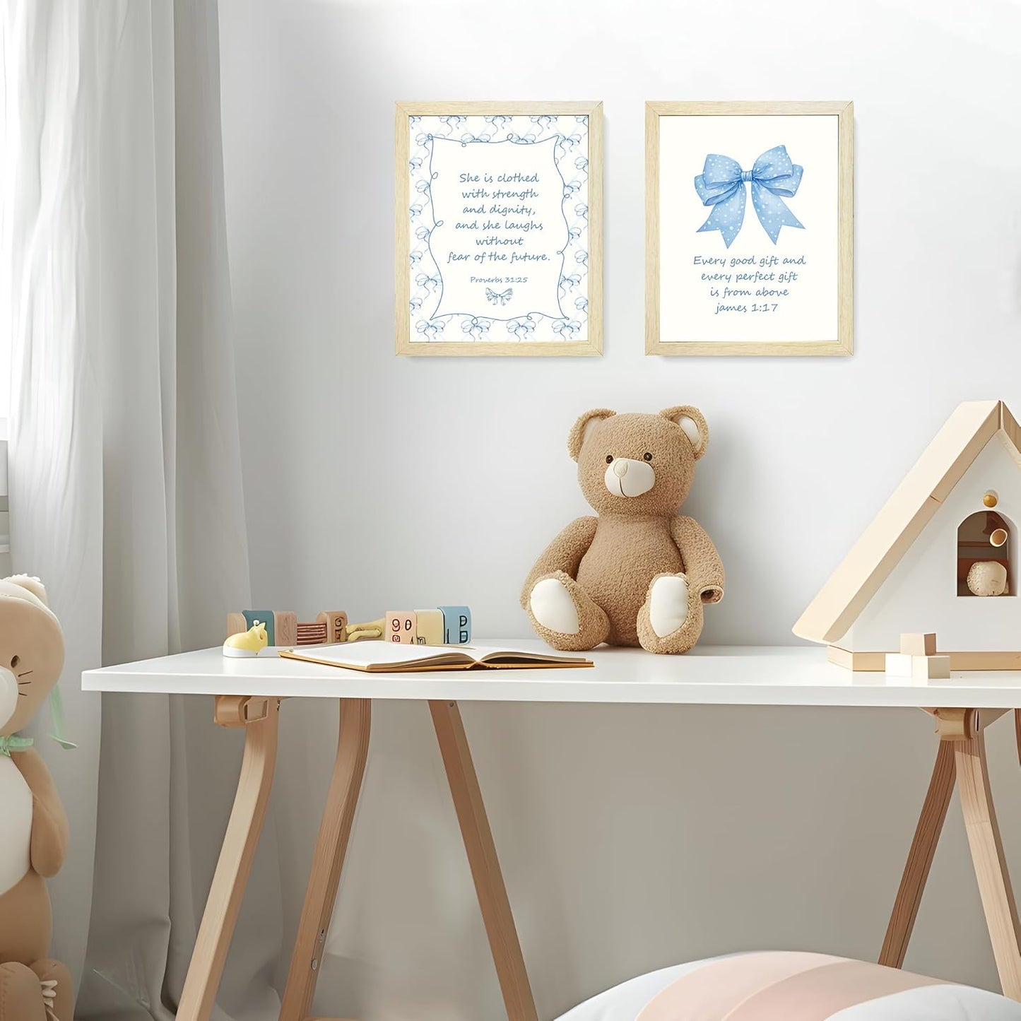 LARTSFRO Coquette Blue Bow Wall Art Decor - Inspirational Bible Verses for Bedroom | Set of 4, 10x8 Inch