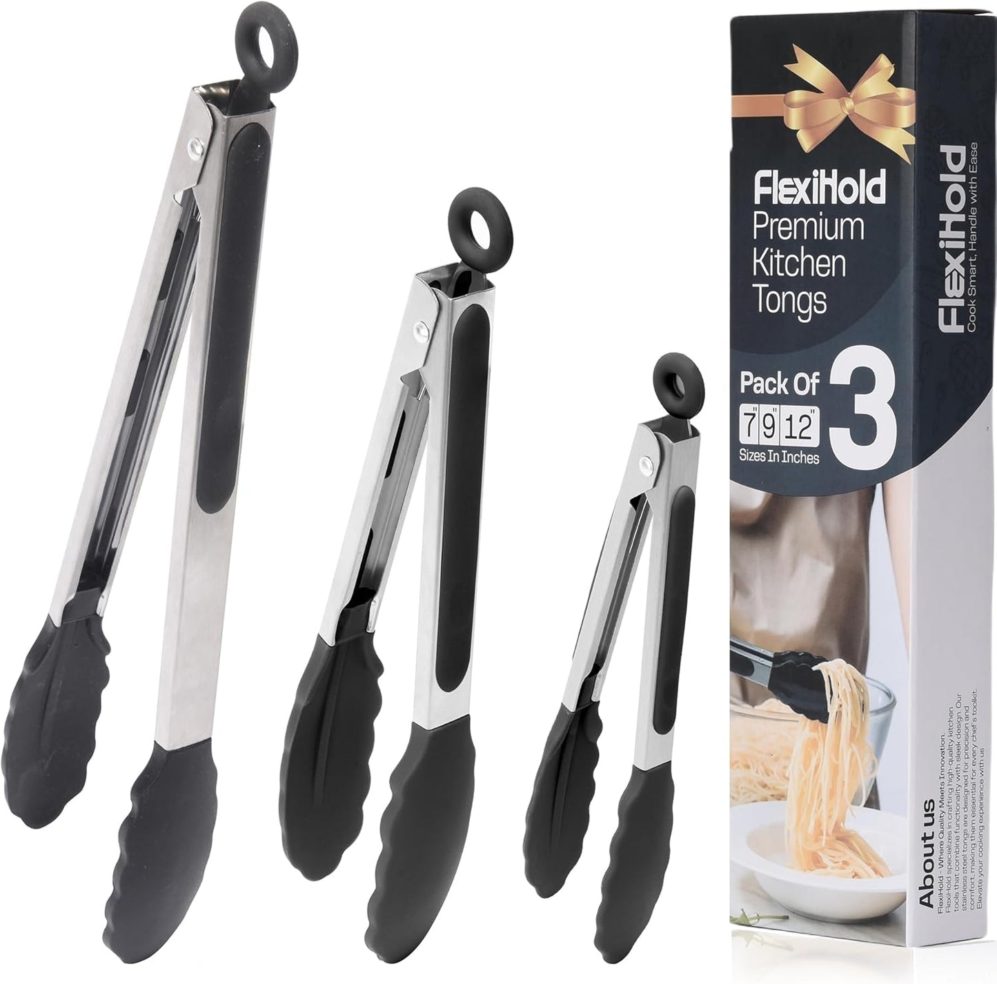 Skiennix Stainless Steel Kitchen Tongs - Non-Stick Silicone Tips, Dishwasher Safe | 7", 9" & 12", Black