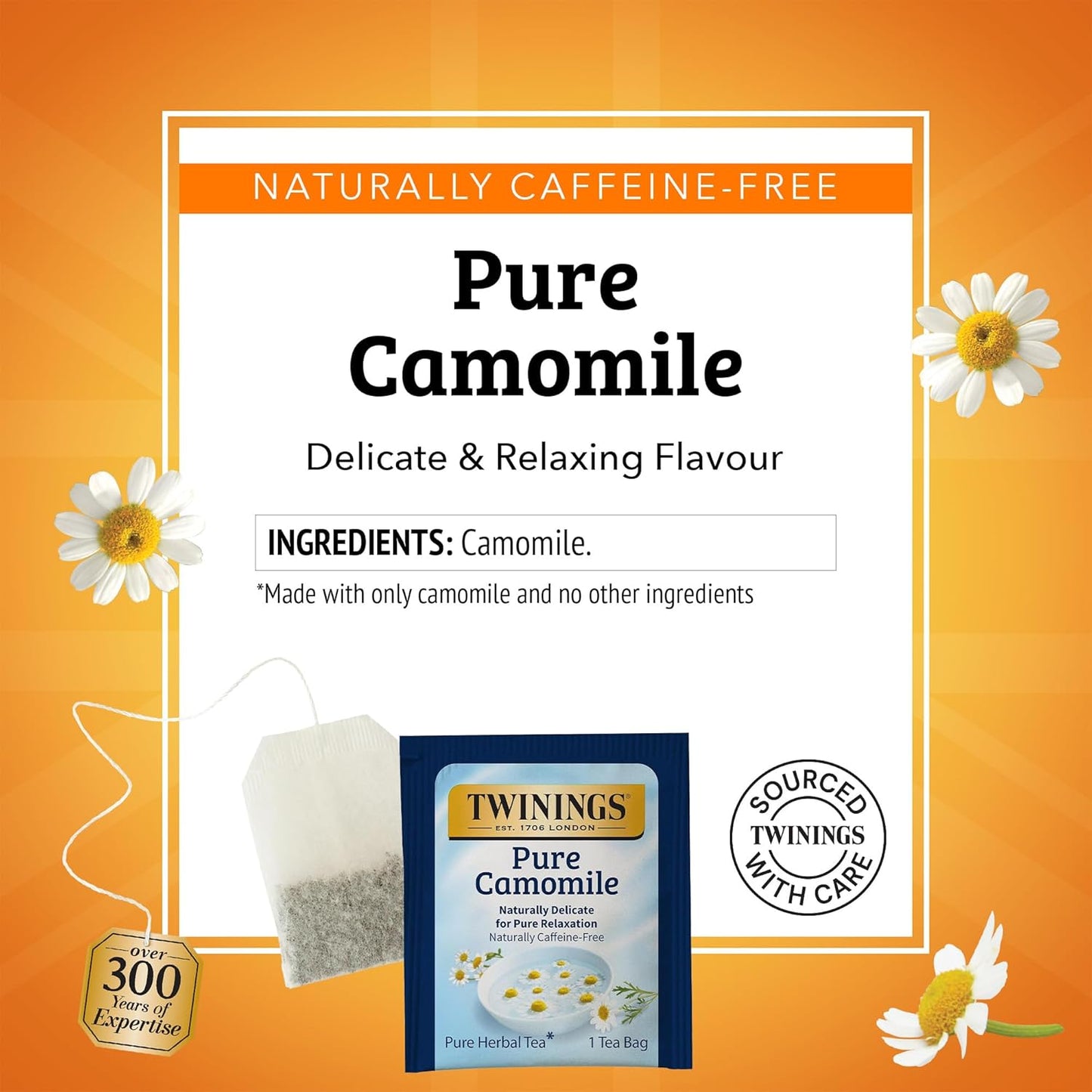Twinings Pure Camomile Herbal Tea - Caffeine-Free, 50 Individually Wrapped Bags | Perfect Hot or Iced, 300 Total Teabags