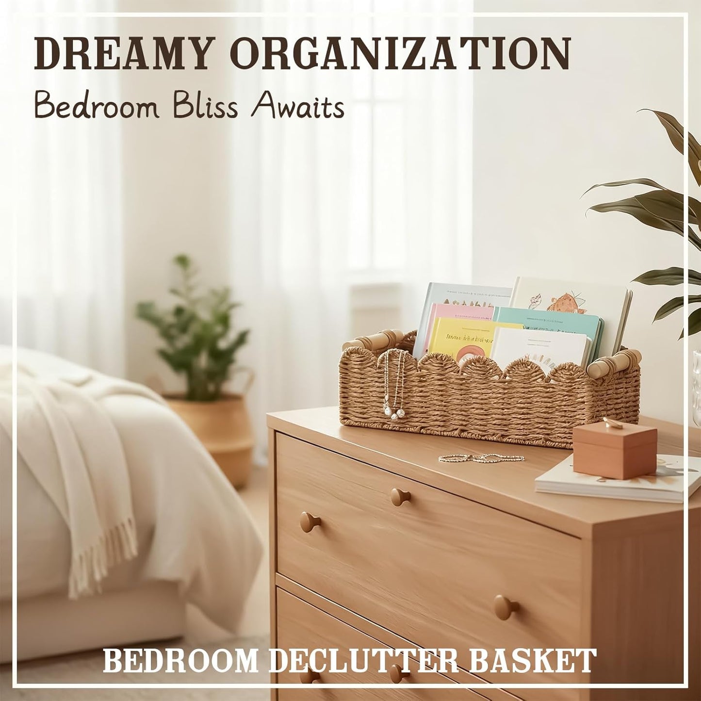 Skiennix Scalloped Edge Toilet Paper Storage Basket - Upgraded Design for Living Room & Bedroom | Neutral Color with 2 Wooden Handles