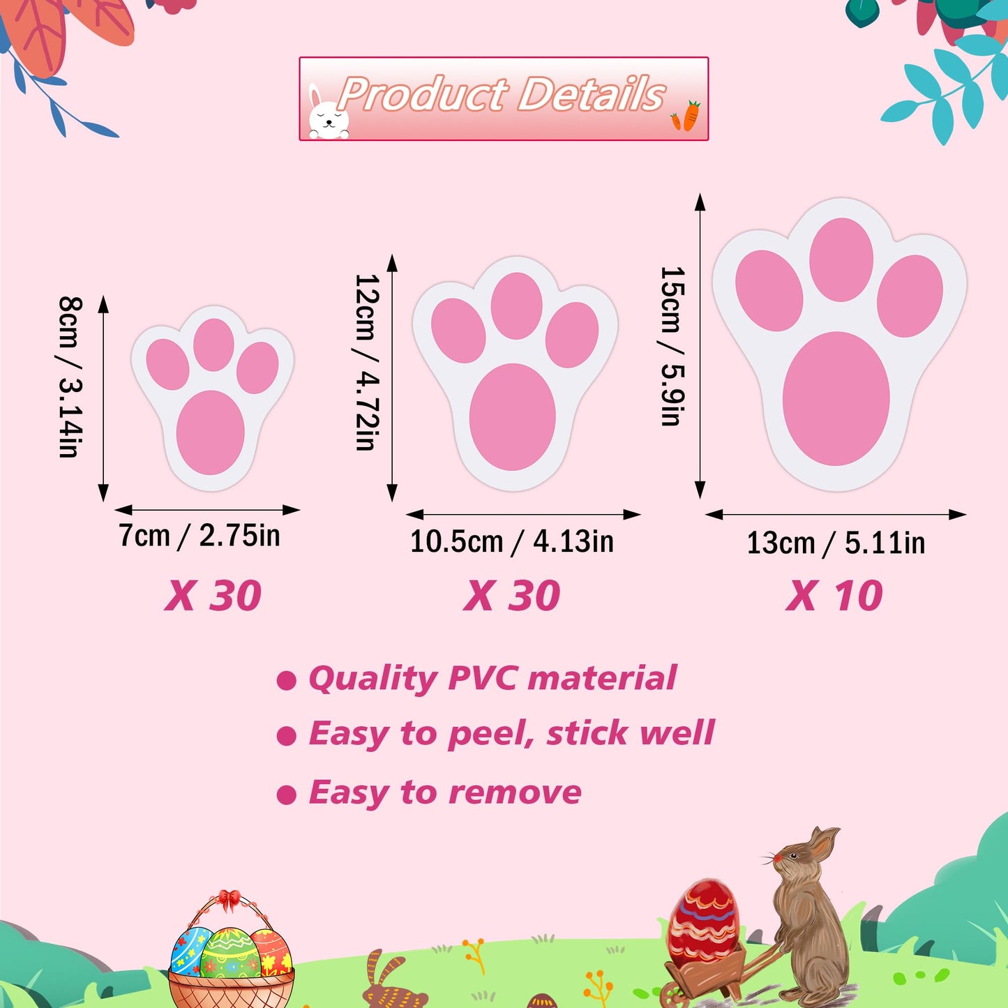 Wonmon 70PCS Removable Easter Bunny Paw Prints Stickers, 3 Size Easter Bunny Feet Stickers Rabbit Paw Decal Bunny Paw Print Clings for Home Office Classroom Floor Easter Party Decorations