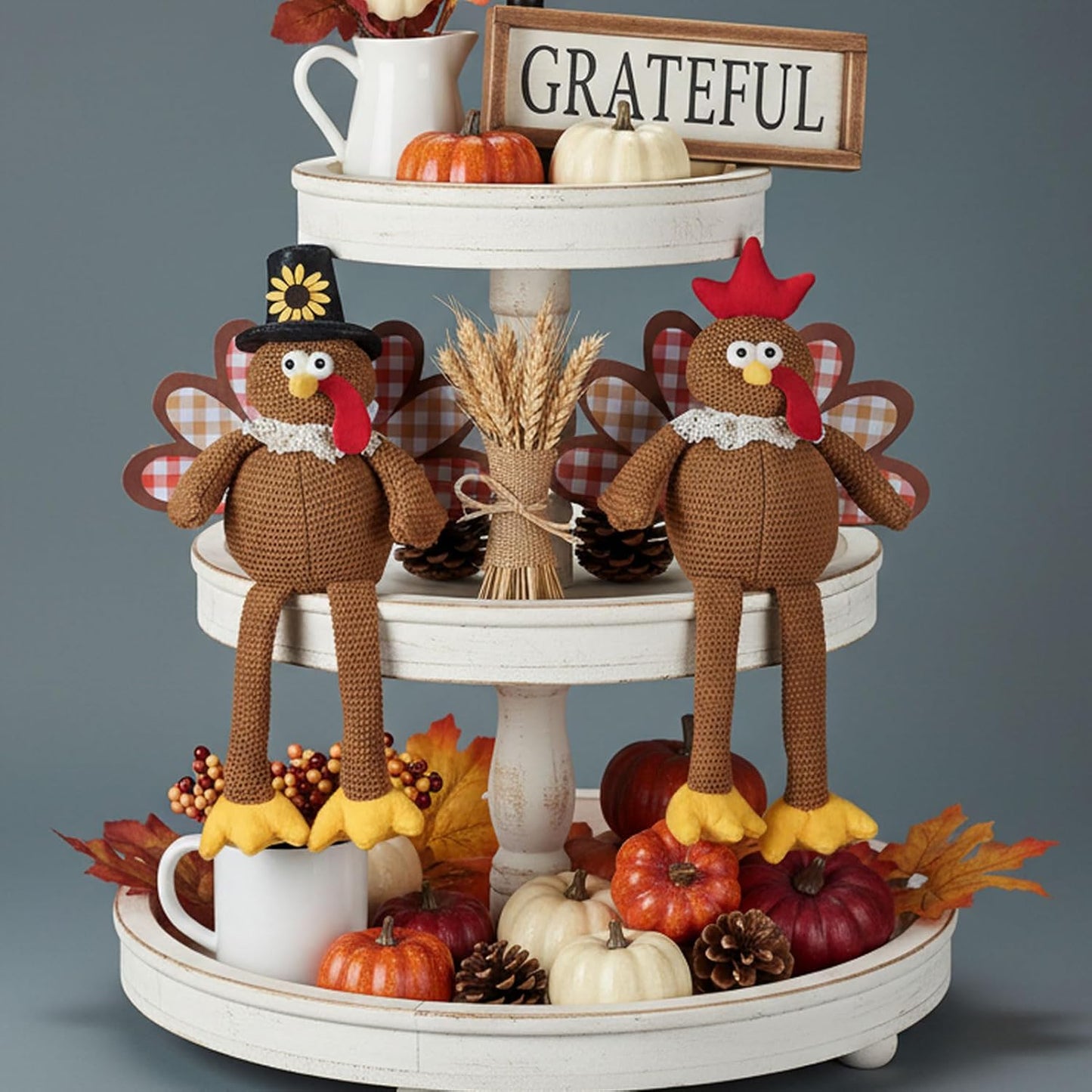 Skiennix Christmas Decorations - Set of 2 Turkey Plush Dolls with Dangling Legs | Fall Harvest Home Decor (Brown)