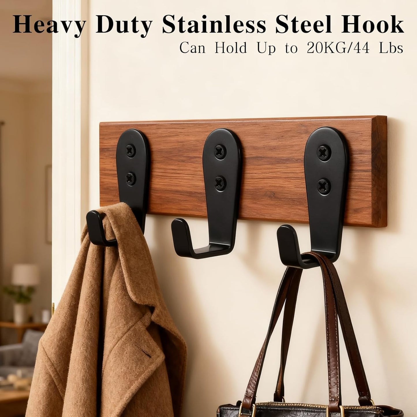 Skiennix Heavy-Duty Stainless Steel Hooks - Wall Mount Key Holder & Coat Hanger, 8 Pack (Black)