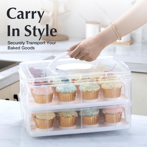 Gencywe Plastic Cupcake Carrier 24 Count, 2-Layer Cupcake Holder Carries with Lid & Handles, Cookie, Cake, Cupcake and Brownie Storage Carrier, Reusable Cupcake Box