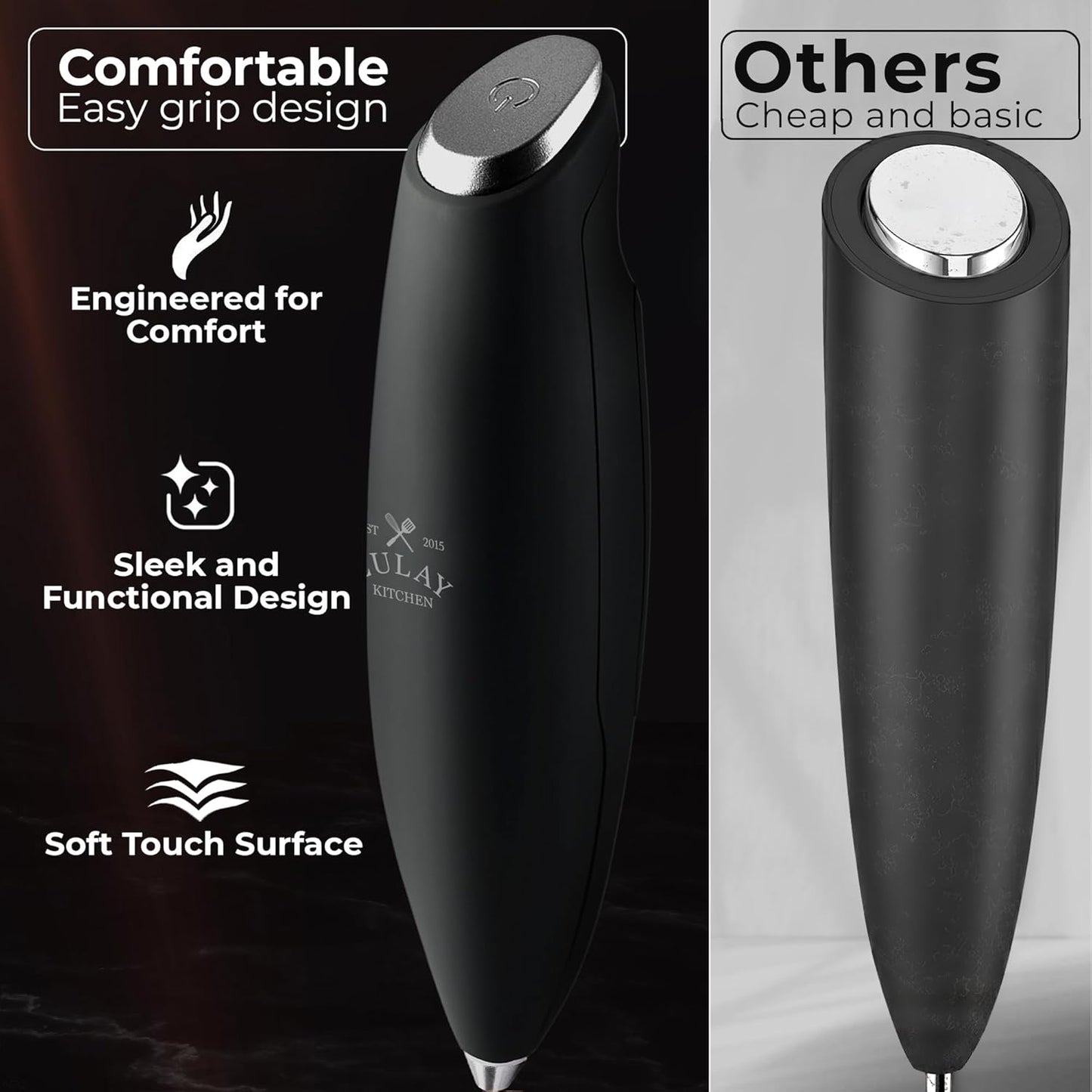 Zulay Kitchen Tornado Triple Whisk Milk Frother - Handheld Foam Maker for Coffee & Lattes | Alpha Black, 4 Duracell Batteries Included