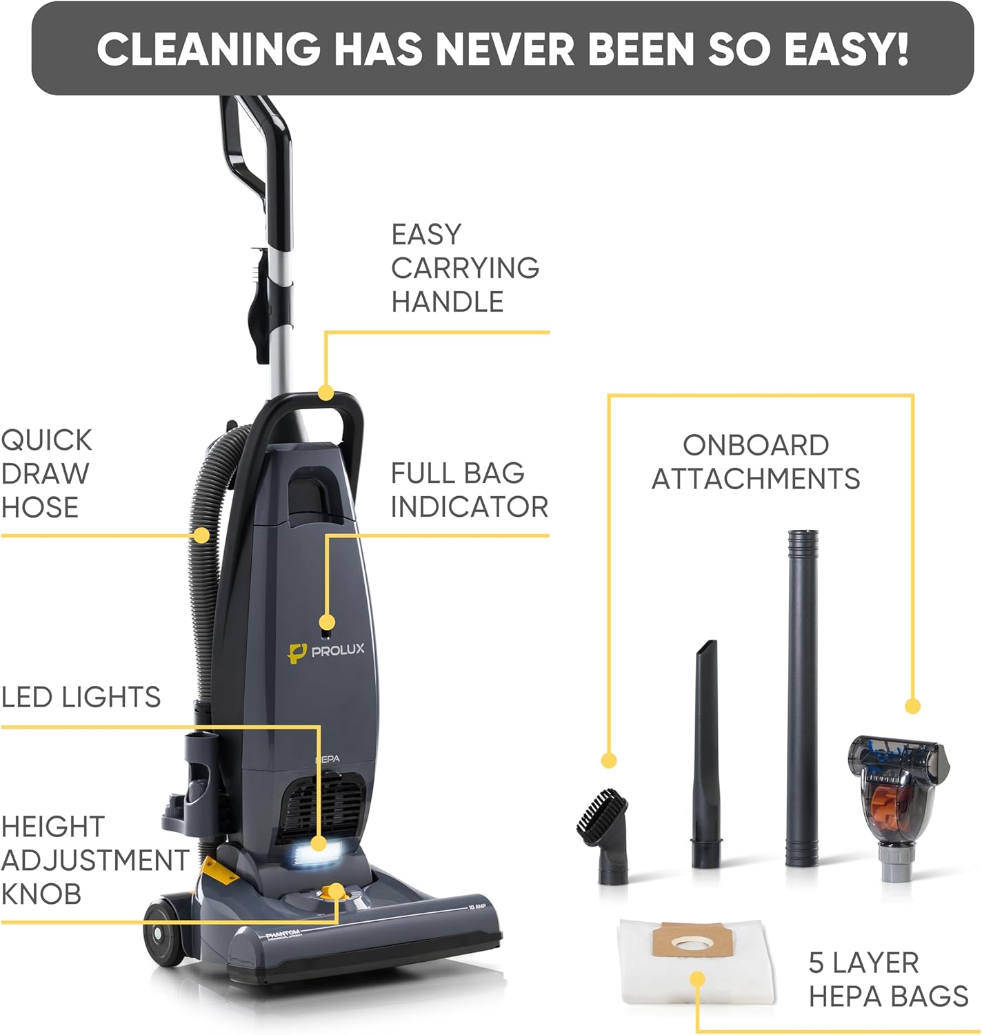 Prolux Phantom Pro Upright Vacuum Cleaner - Lightweight 12lbs with HEPA Filtration & Onboard Tools | Ideal for Commercial Use