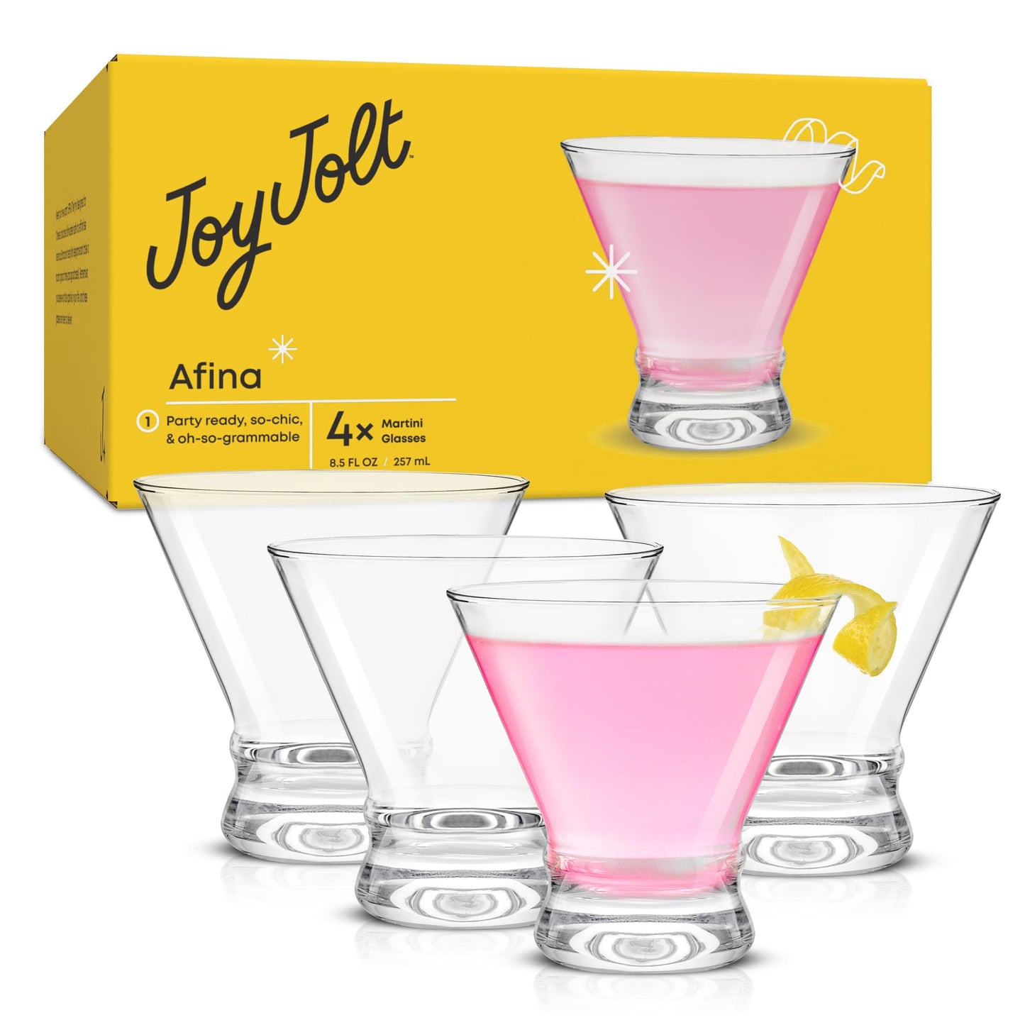 JoyJolt Afina Stemless Martini Glasses Set of 4, 8.5oz Liquor Drinking Glasses for Cocktail and Margarita, Bar Glass Cups, Glass Dessert Cups