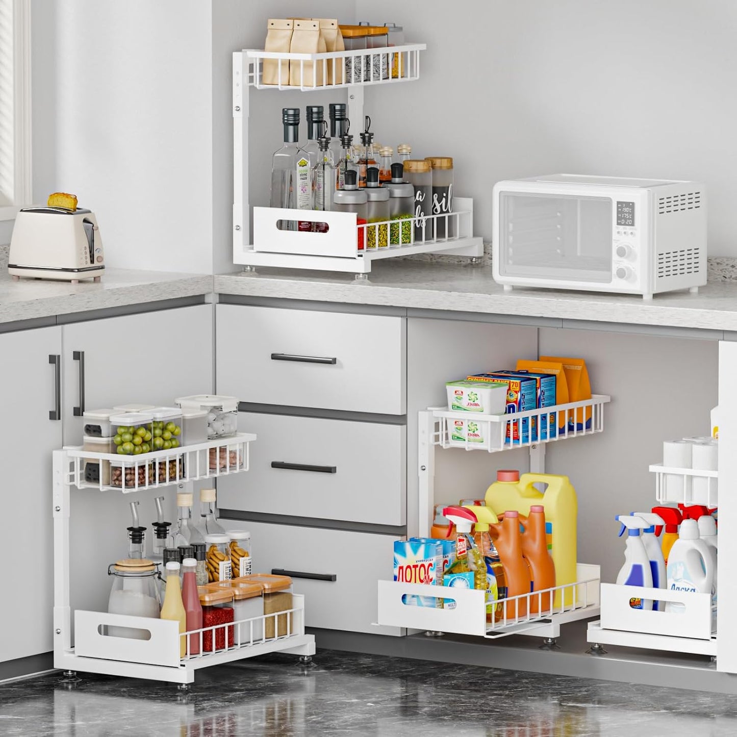 Under Sink Organizer by L-Shaped | 2-Pack 2-Tier Metal Storage with Sliding Drawer - Adjustable Height for Kitchen & Bathroom