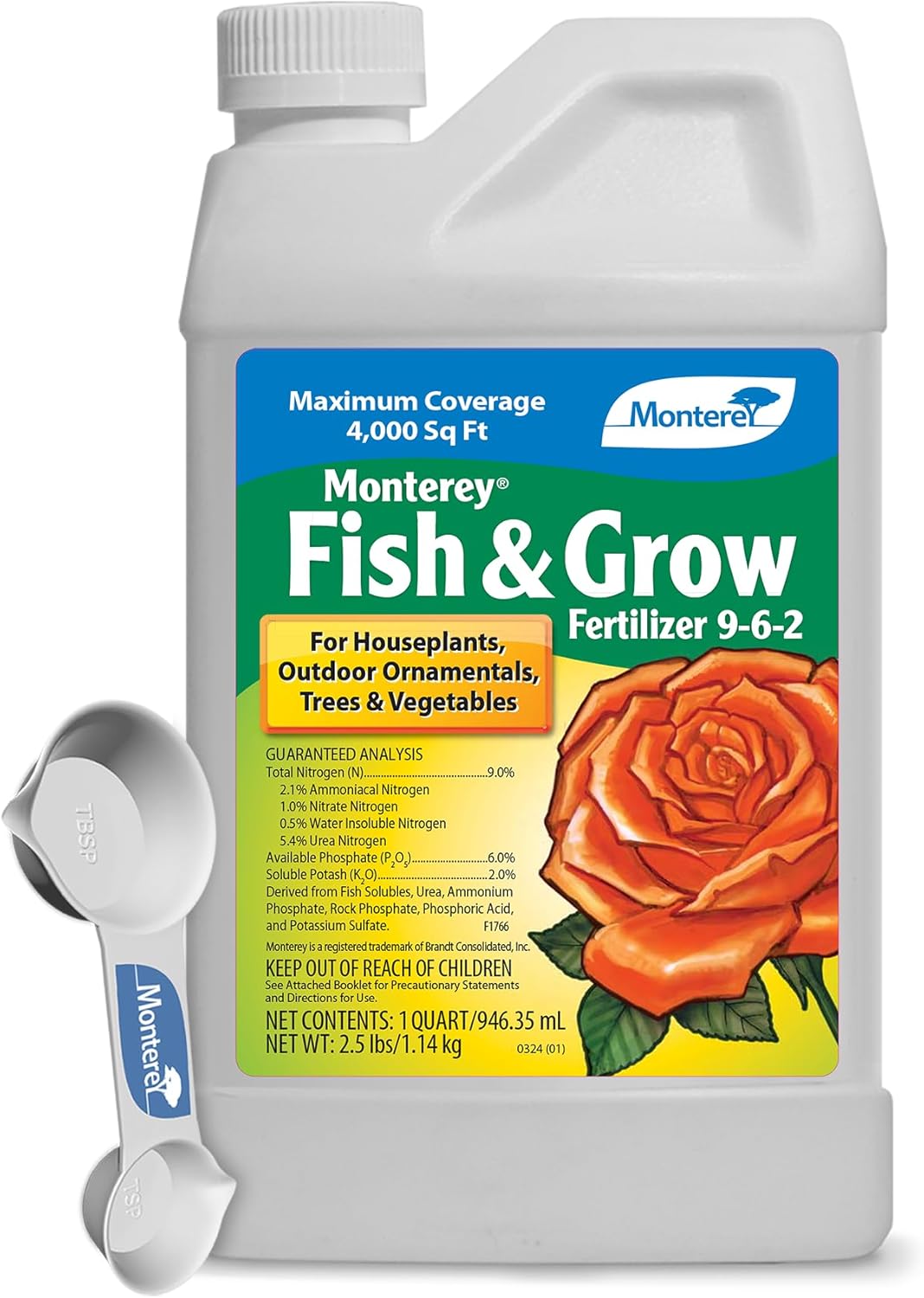 Monterey Fish & Grow 9-6-2 Fertilizer - Liquid Plant Food for Houseplants & Vegetables | 1 Quart, Covers 4,000 Sq. Ft.