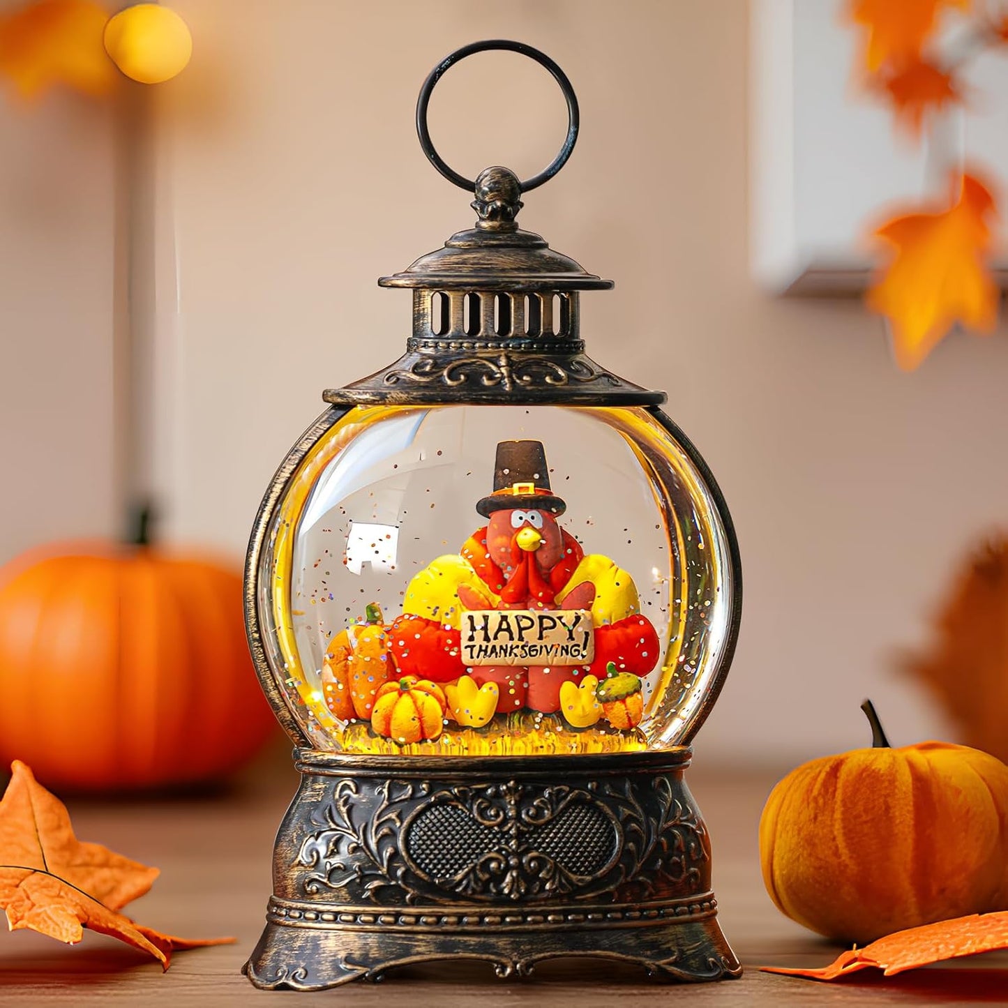 Skiennix Snow Globe | Thanksgiving Water Lantern with Swirling Glitter - Autumn Harvest Decor (Turkey & Pumpkins)