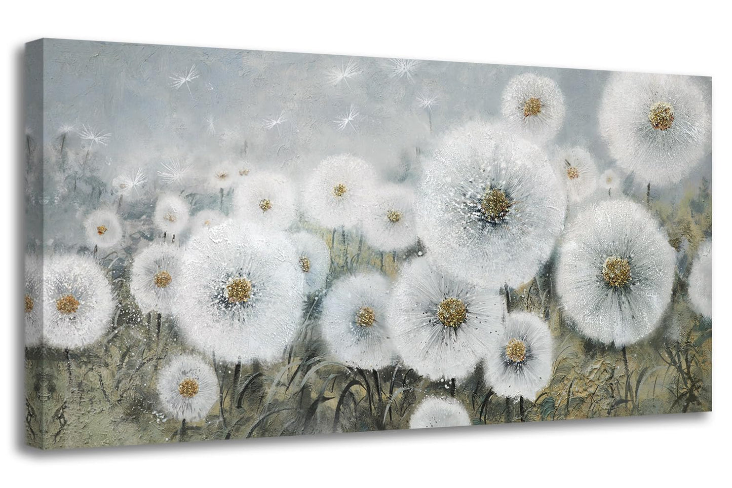 Ardemy Flowers Wall Art Canvas Dandelions Painting White Bloosom Artwork Modern Landscape, Floral Picture Hand Painted Textured Large Framed for Living Room Bedroom Bathroom Home Office Decor 40"x20"