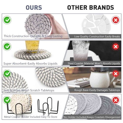 Farmhouse Coasters Set of 8 for Drinks, Absorbent Woven Coaster Set with Holder Cute Cloth Coasters for Home Decor Coffee Table Office Desk, Handmade Boho Decor Tabletop Protection
