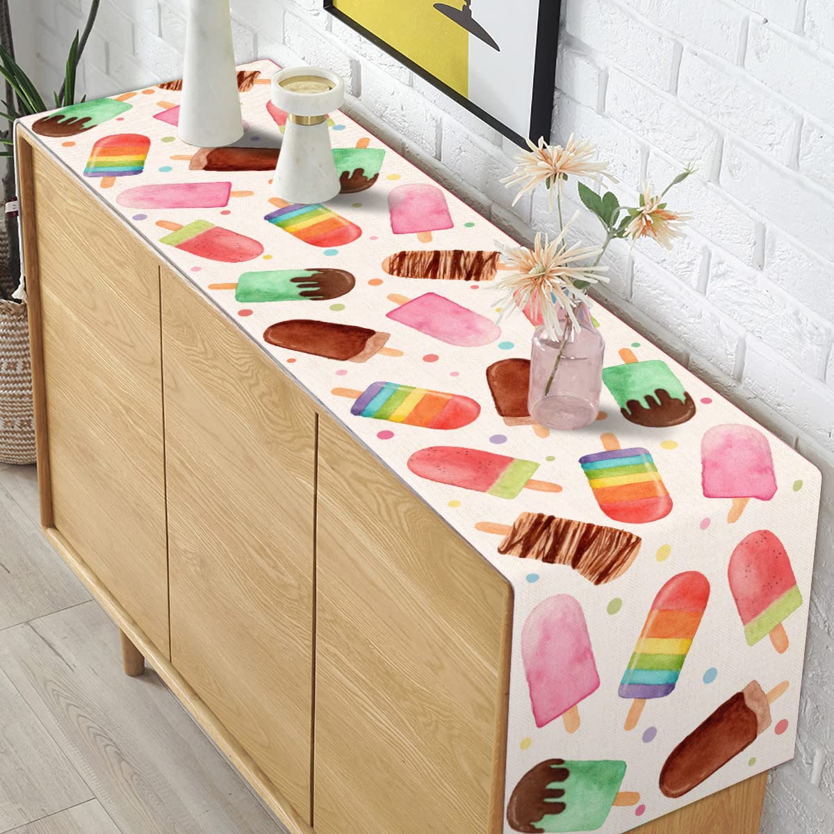 Summer Popsicle Table Runner Ice Cream Themed Birthday Baby Shower Party Farmhouse Kitchen Dining Room Home Decoration (13" x 72")