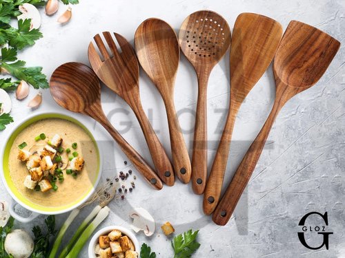 GLOZ Kitchen 6-Piece Wooden Spoons for Cooking-Smooth Teak Wooden Utensils for Cooking Comfort-Grip Wood Spoons for Cooking spoons