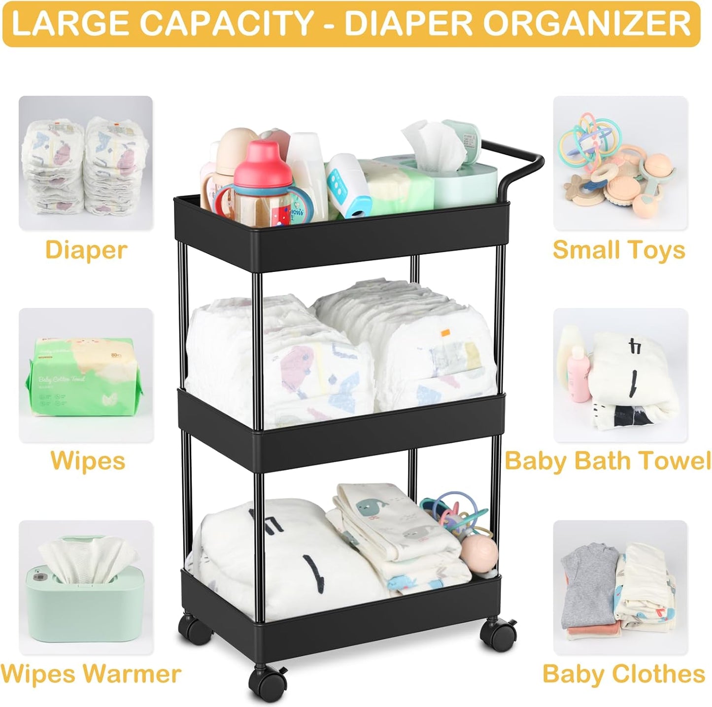 Volnamal Diaper Caddy - Movable Plastic Organizer for Nursery Essentials | Black Baby Storage Cart