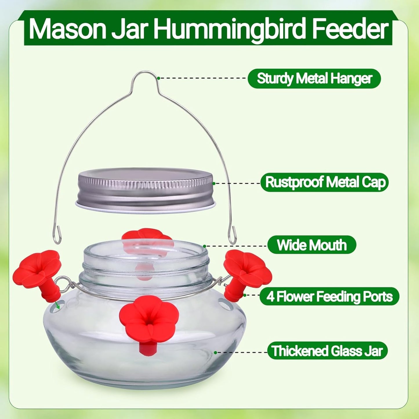 Skiennix Glass Hummingbird Feeder - Cute Mason Jar Design with 4 Silicone Flower Ports | Easy to Clean & Refill