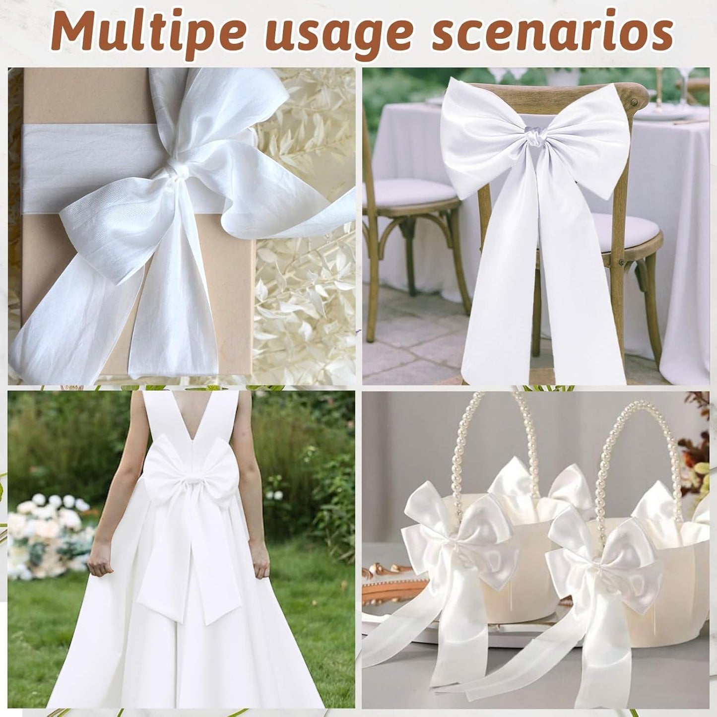 Skiennix 6 PCS Satin Wreath Sashes - White Embroidery Decor for Indoor/Outdoor Weddings & Events