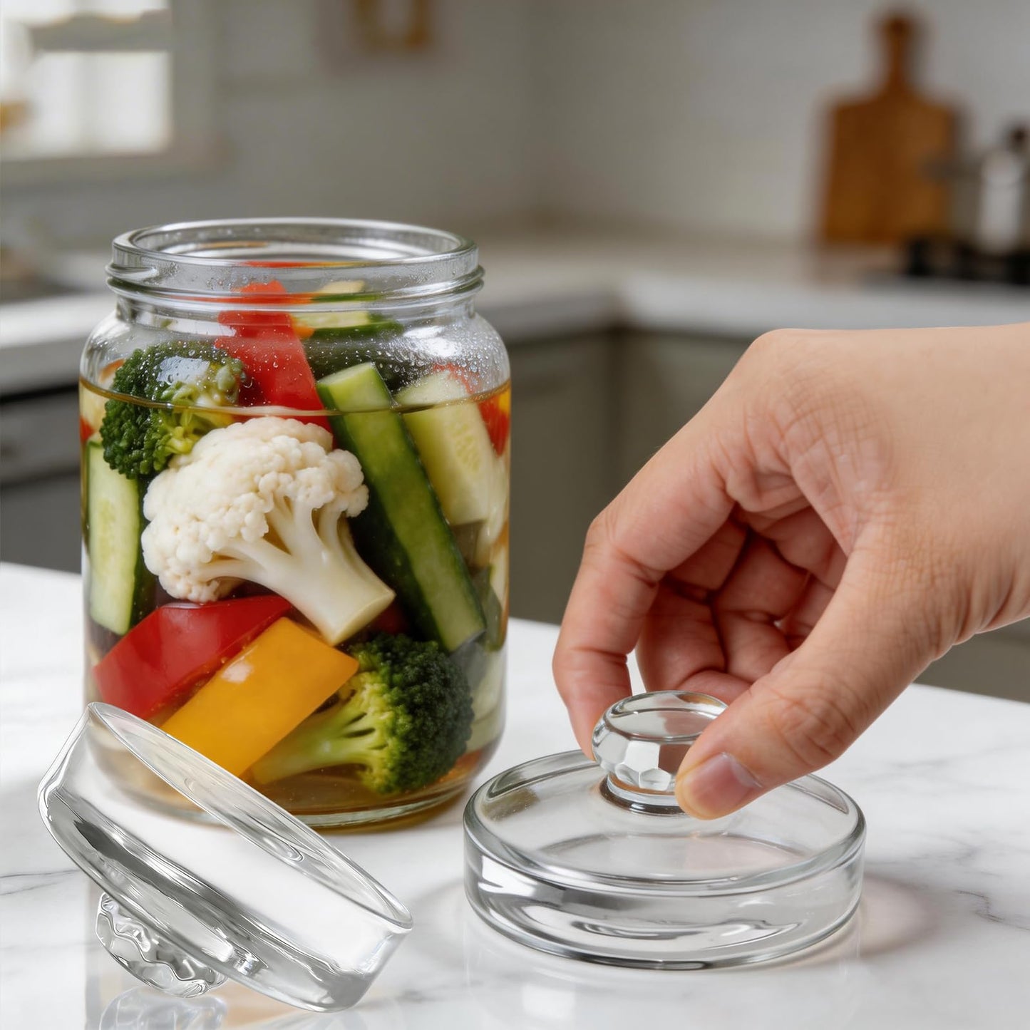 Nexboraque 9 Pack Fermentation Glass Weights with Easy Grip Handles, Clear Canning Weights and Pickling Glass Weight for Wide Mouth Mason Jars, Fermenting Kit, Kimchi, Sauerkraut