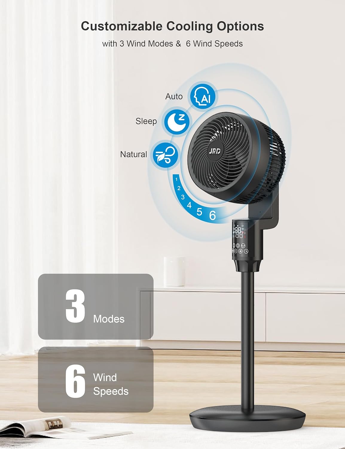 JRD Oscillating Floor Fan - Quiet 70° Pedestal Fan with 6 Speeds & Remote Control | Adjustable 19-38" Height