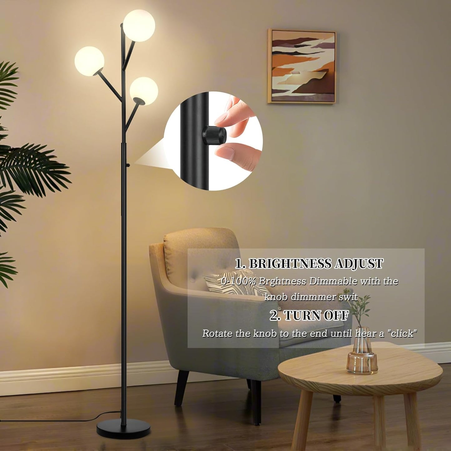 Globe Mid Century Tree Floor Lamp with 3 Light Bulbs,70in Tall Standing Glod Floor Lamp with Frosted Glass Shade for Living Room,Office,Bedroom, Study Room, Hotel, Antique Brass Lighting