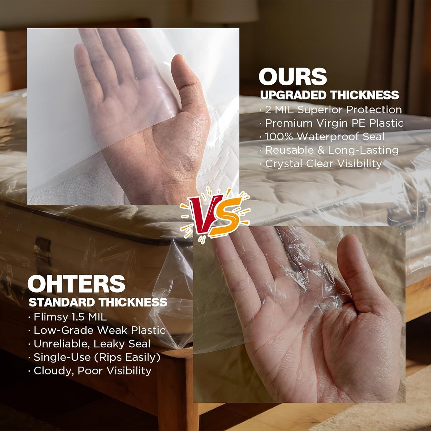 Mattress Bags - 2 Pack Heavy Duty Waterproof & Tear-Resistant Covers for King/Queen Size - 107” x 78” x 14”