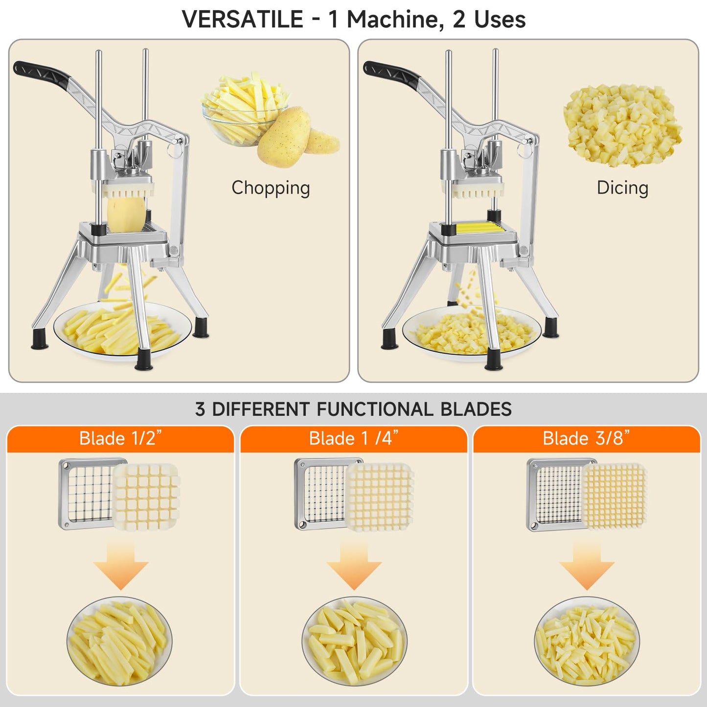DEPFALL Commercial Vegetable Chopper, Stainless Steel French Fry Cutter Heavy Duty Potato Dicer Fruit Slicer for Restaurant Home Kitchen (1/2"+3/8"+1/4" Blades)