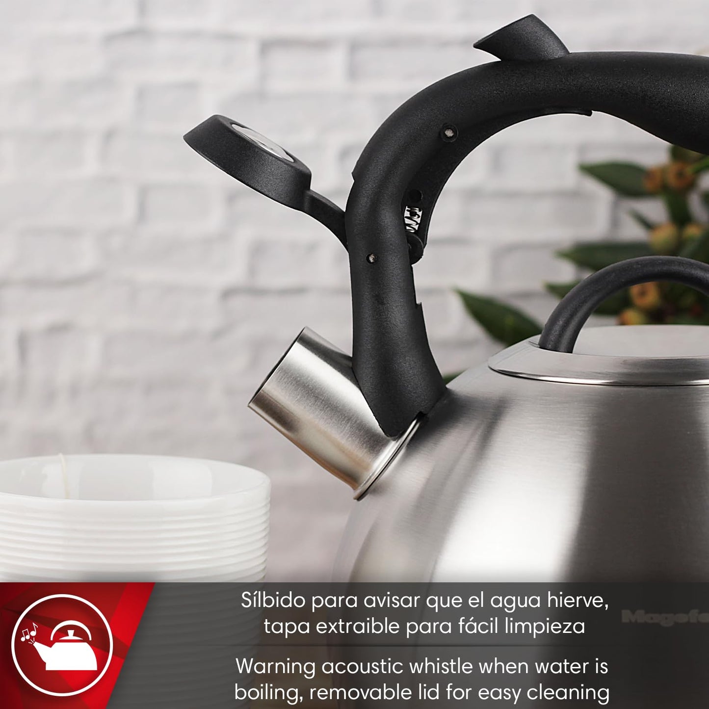 Magefesa Silver 3.1-Quart Stainless Steel Whistling Tea Kettle, Satin-Polished Exterior, Drip-Free Pouring System, Suitable for All Stovetops Including Induction, Removable Lid, Teapot