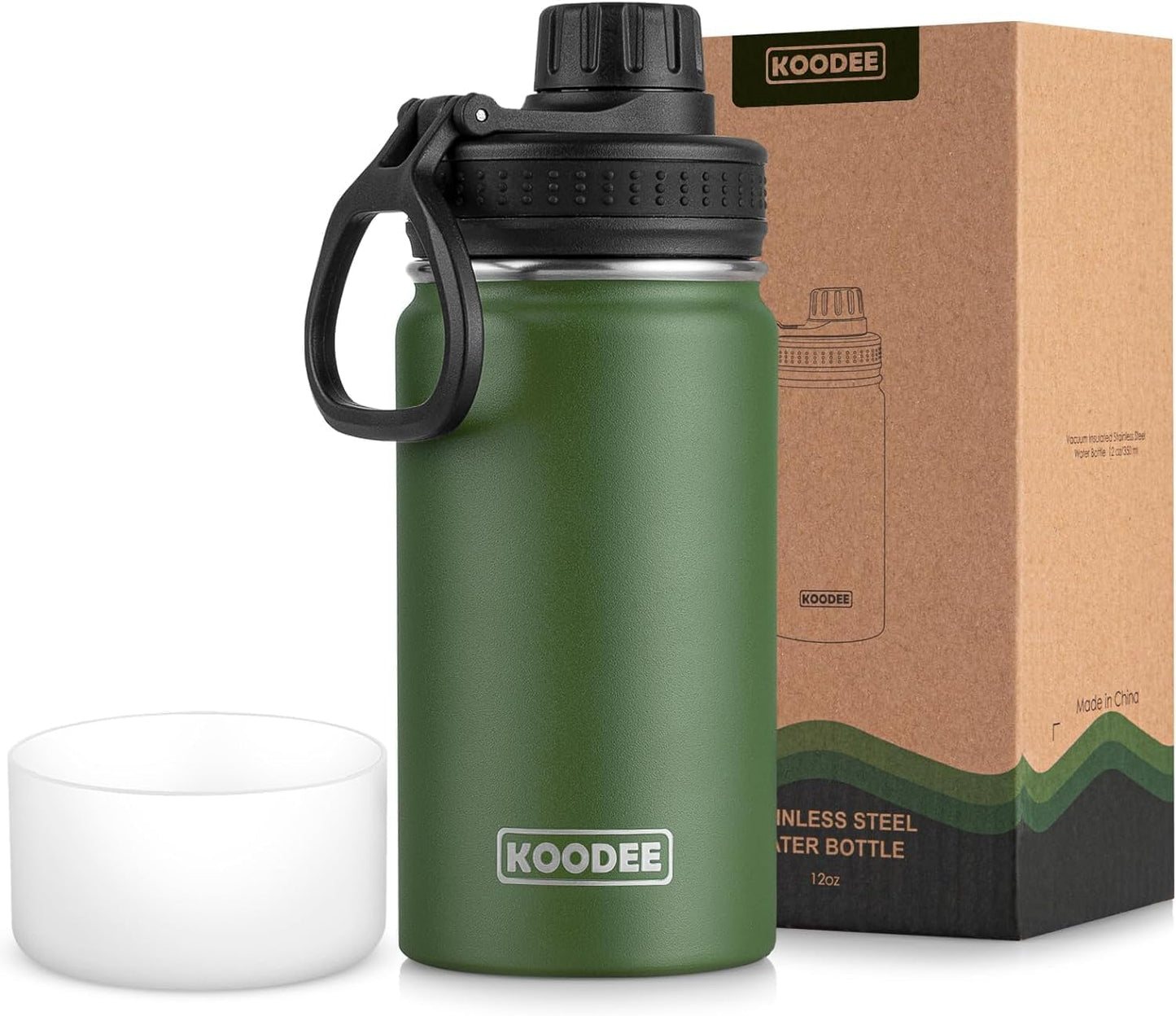 Koodee 12 Oz Stainless Steel Water Bottle - Vacuum Insulated, Leakproof Spout Lid | BPA-Free Grass Green