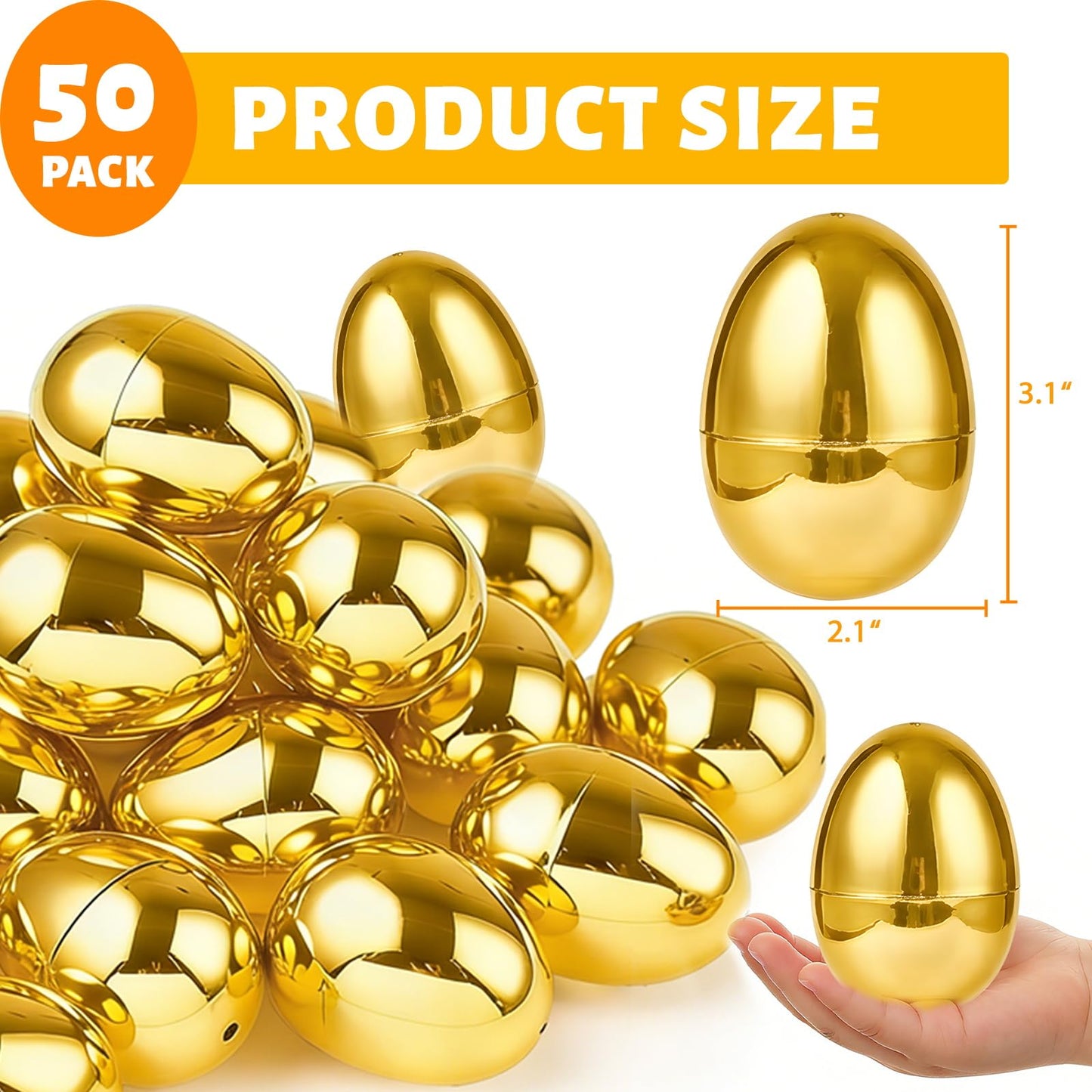 3.1" Large 50 Pack Golden Easter Eggs Fillable Plastic Easter Eggs Bulk Empty Easter Basket Stuffers for Easter Treats Filler Eggs Hunt Supplies Classroom Prize Easter Party Favors Packs Kids Toddler