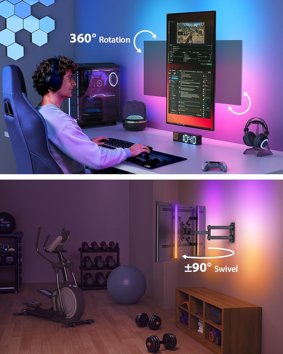 Pipishell Full Motion TV Wall Mount - LED Light & Music Sync for 13"-43" TVs Up to 44 lbs | Max VESA 200x200mm