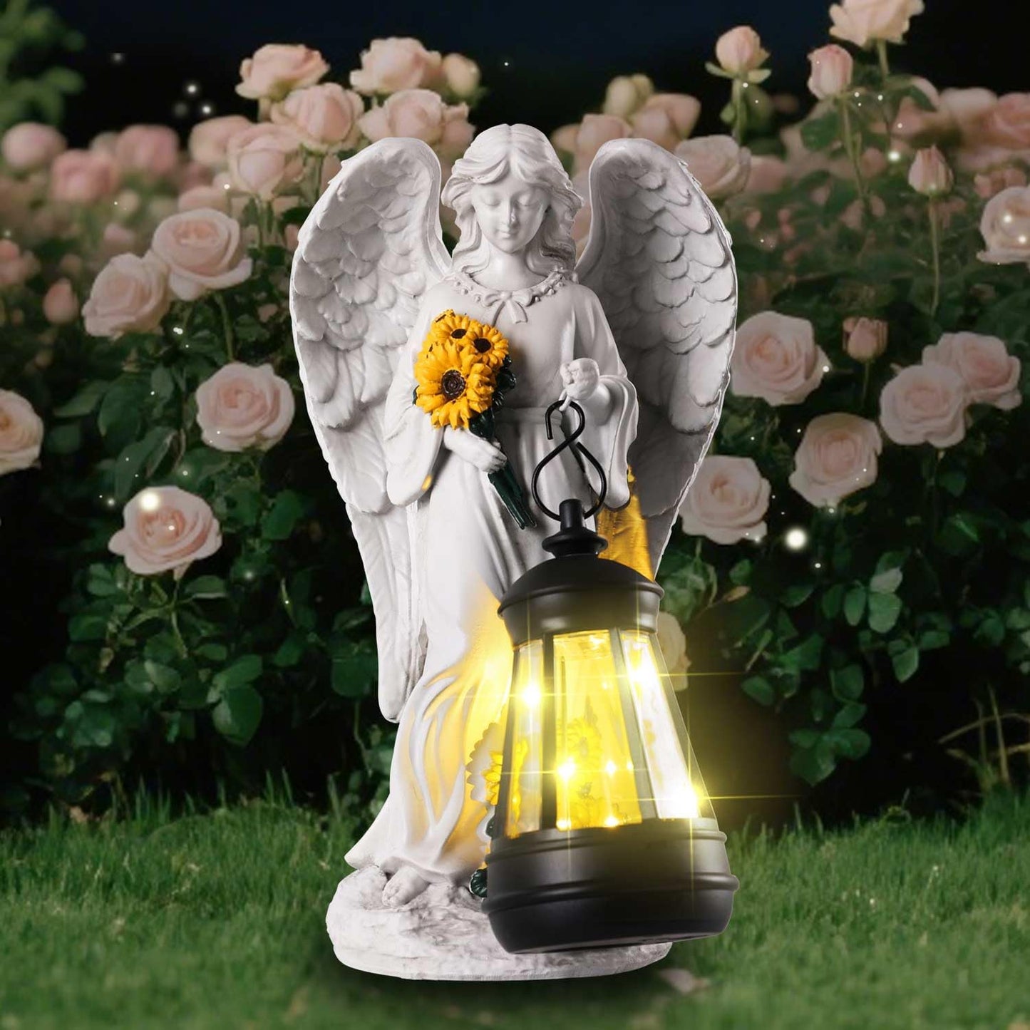 Regine Switzerland Sympathy Gifts | 8.8" Resin Angel Figurine Holding Sunflowers - Waterproof Cemetery Decor