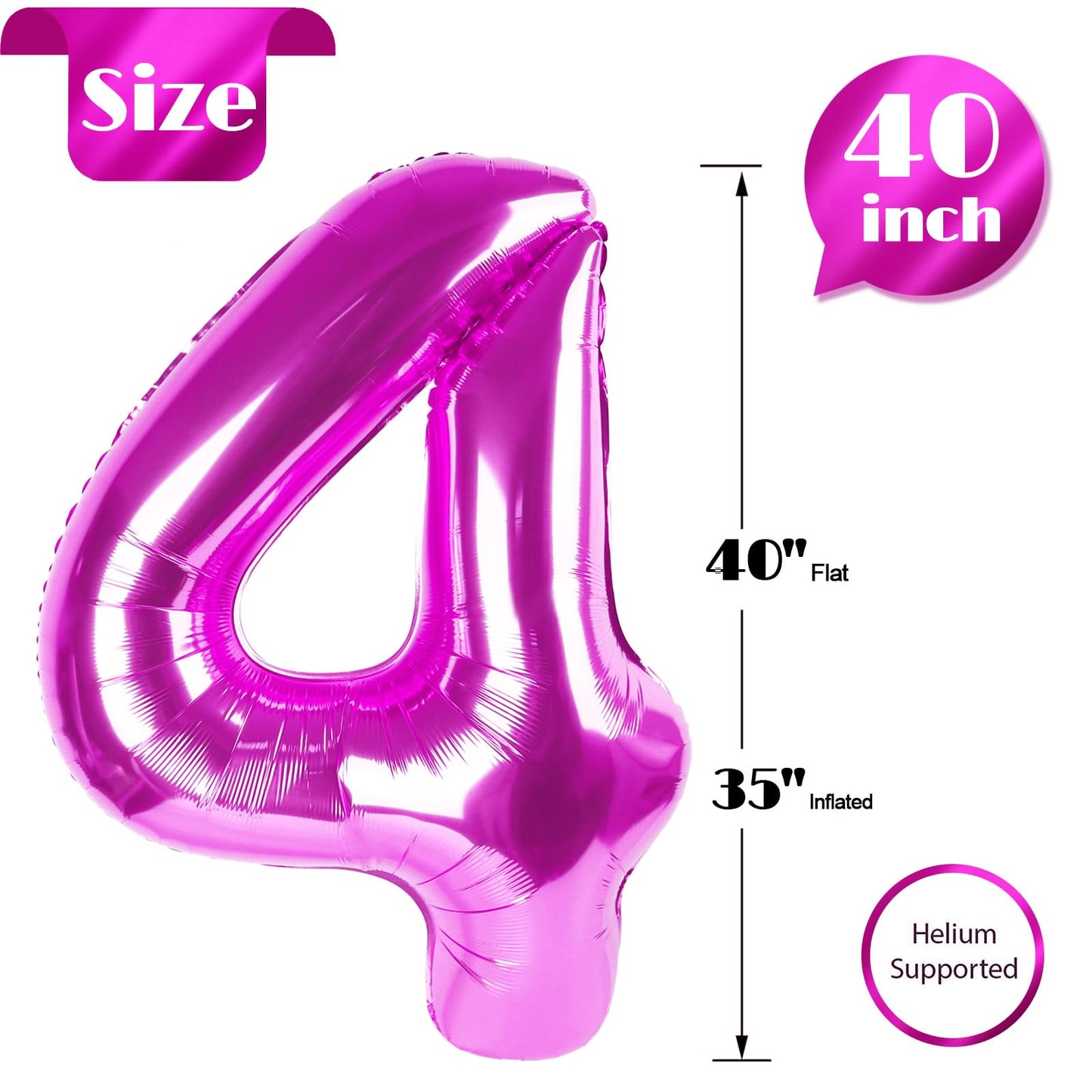 Rosy Purple 4 Balloon, Number Balloons 40 Inch, 4th Birthday Decorations for Girls Four Large Numbers for Party Decor, Number 4 Balloon