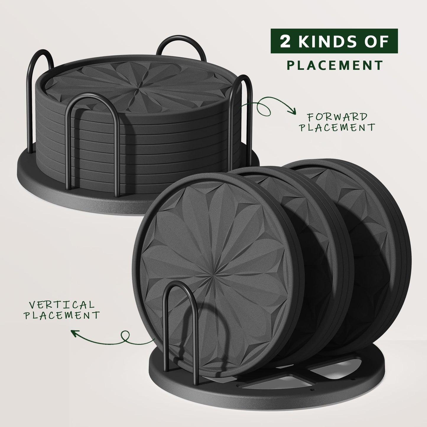 Lazebox Coasters Set of 8 for Drinks with Holder, 4" Large Silicone Coasters for Coffee Table, Deep Tray Non-Slip Drink Coasters for Table Protection, Heat Resistant & Dishwasher Safe, Black