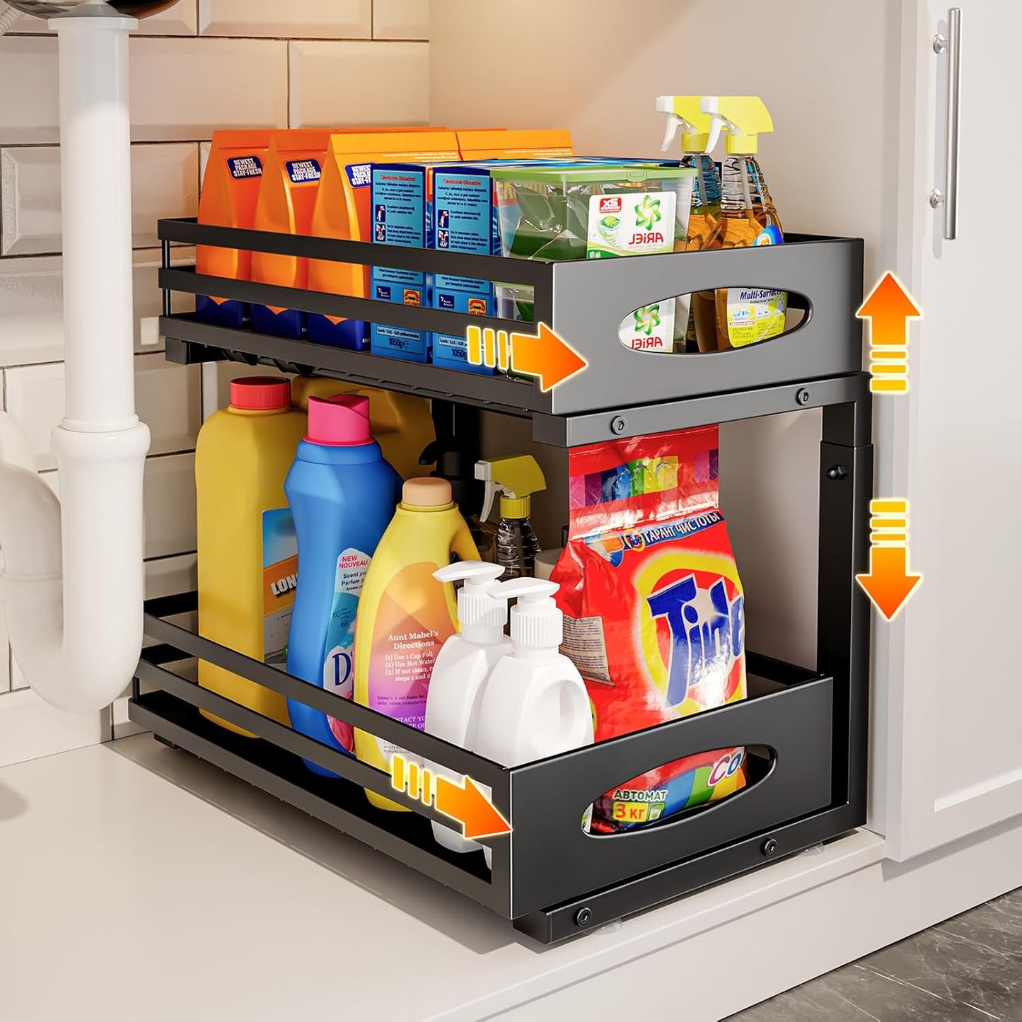 Under Sink Organizer - Skiennix 2-Tier Adjustable Storage Solution | Pull-Out Metal Drawer for Kitchen & Bathroom (Black)